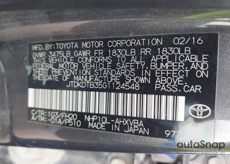 2016 Toyota Prius C One from USA, damaged, VIN JTDKDTB35G1124548